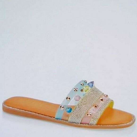 BRAND NEW ROUGE  STUDDED RHINESTONES EMBELLISHMENTS SLIDE SANDAL - Picture 1 of 14